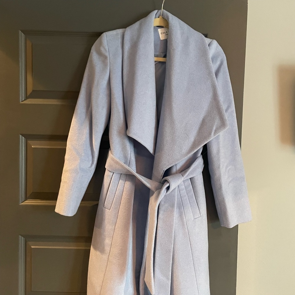 Cole Haan Draped Collar Gray Wool Trench Coat